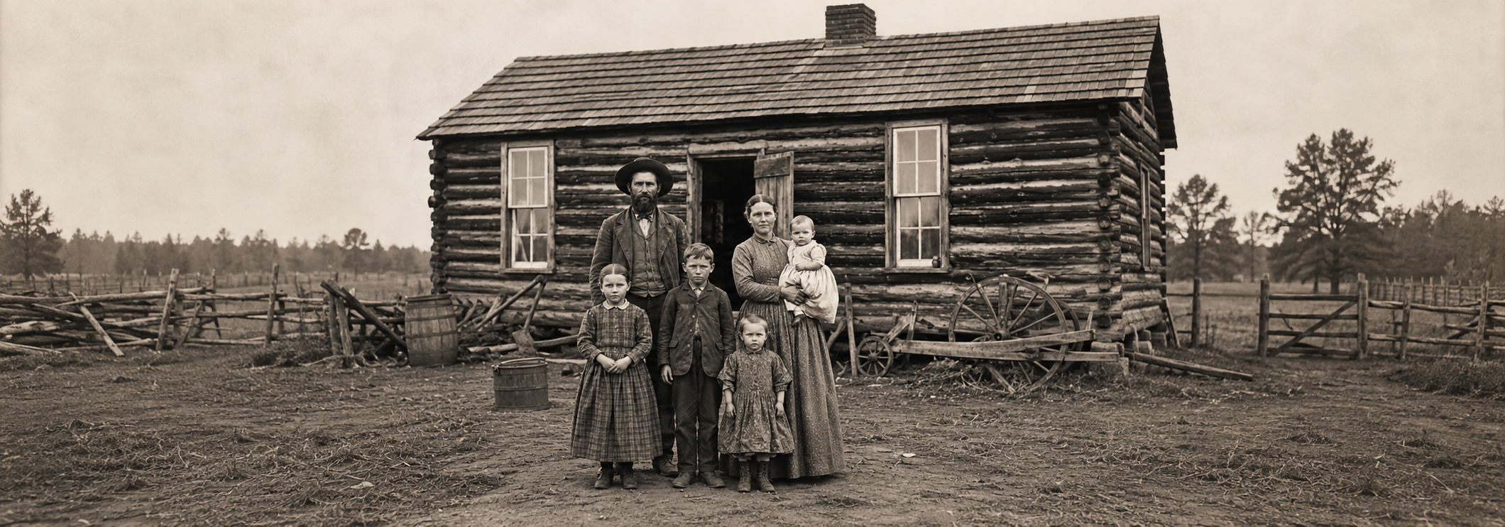 A photo of a pioneer family with father, mother, and 4 children, standing in front of their log home.